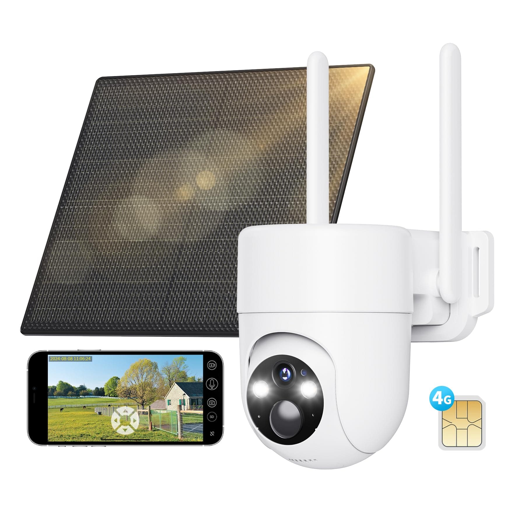 SEHMUA 4G LTE Camara Vigilancia Exterior con Panel Solar, 2K PTZ Cámara Vigilancia con Tarjeta Sim, Detección Humana PIR, Visión Nocturna, IP66 Impermeable, PTZ 355°/90°, Audio de Dos Vías