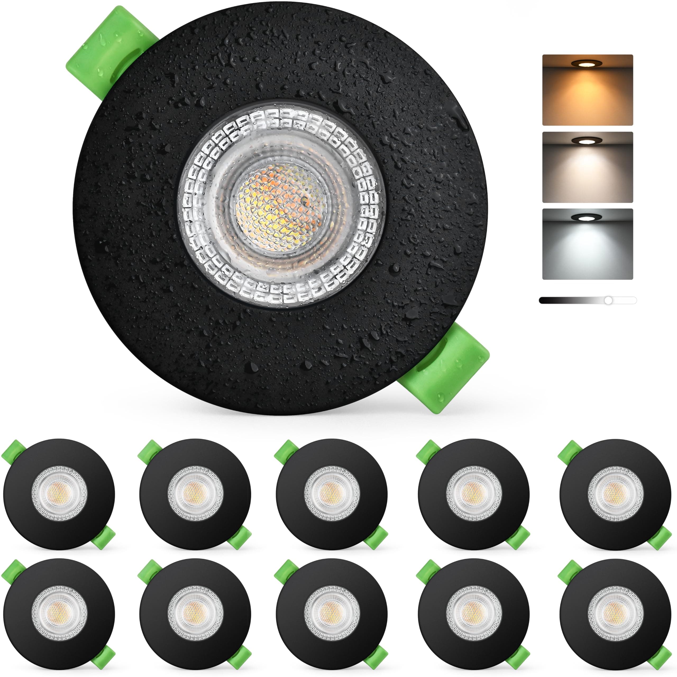 KYOTECH Projecteur LED Encastré 230V Dimmable 60-75mm Forage, Spot LED 7W 770LM Ultra Plat, Spot de Plafond 2700K/4000K/6000K, Luminaire Encastré IP65 pour Salle de Bain Balcon Salon, Noir 10 Pièces