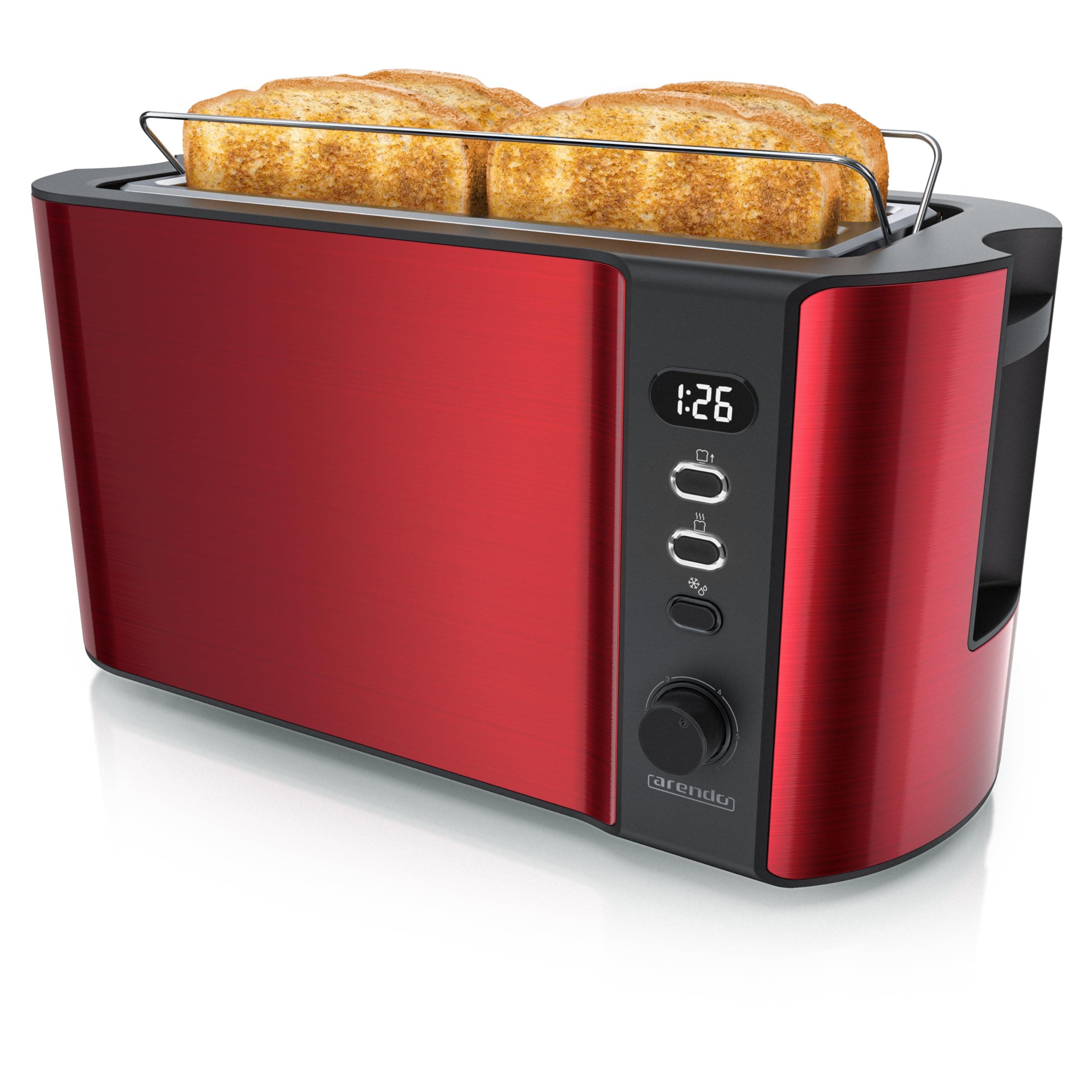 Arendo - Toaster 4 Scheiben Langschlitz Edelstahl - Defrost Funktion - wärmeisolierendes Gehäuse - mit integrierten Brötchenaufsatz - 1500W - Krümelschublade - Display mit Restzeitanzeige - Rot