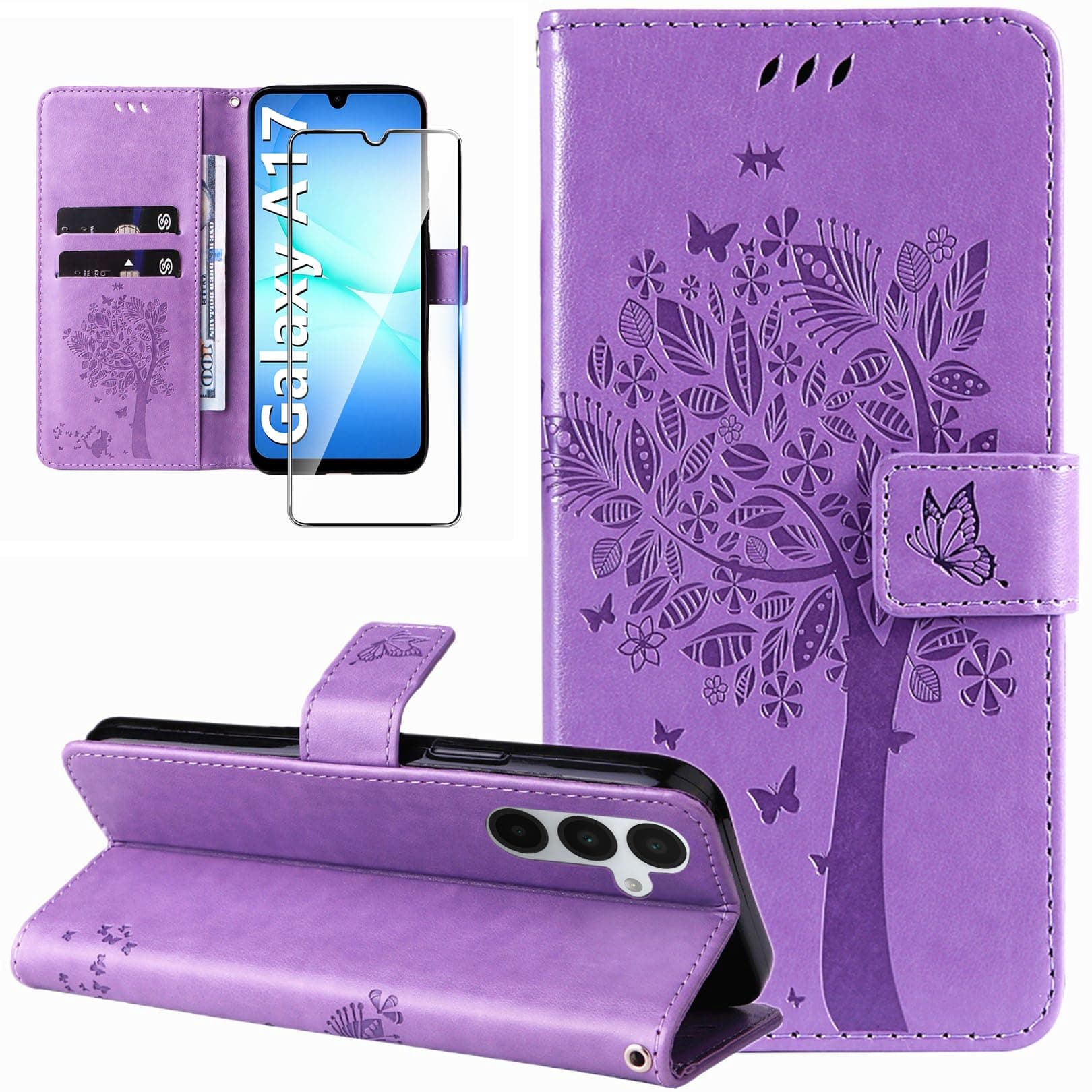 Dcjlbo Cover per Samsung Galaxy A17 4G/5G Custodia Cover in Pelle Portafoglio a Libro con Pellicola Vetro Temperato Porta Carte Cover Flip Case Antiurto Custodia-Viola