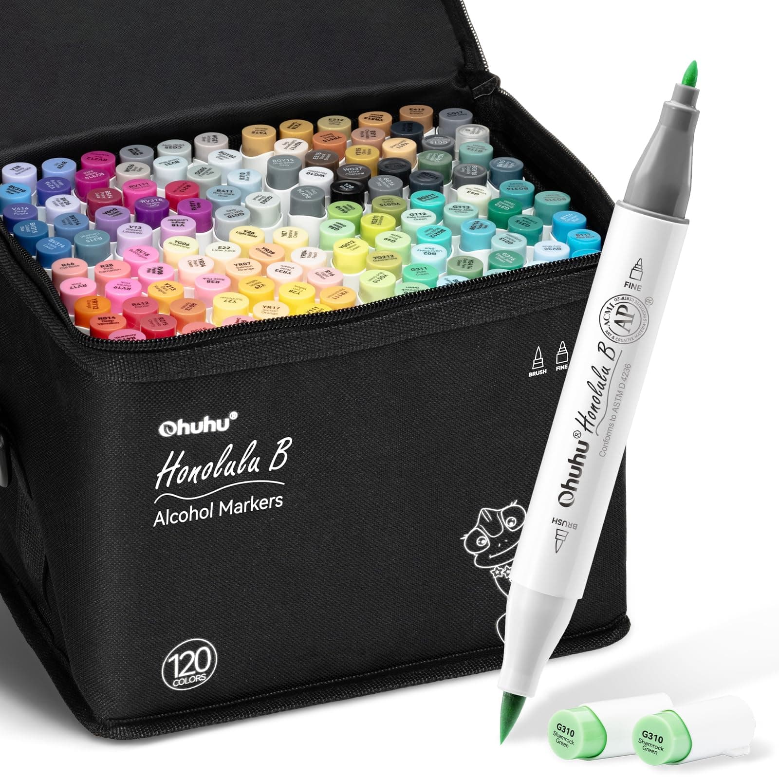 Ohuhu 120 Colours Alcohol Brush Markers, Double Tipped (Brush & Fine Tip) Sketch Markers for Kids, Artist Art Markers for Adult Coloring and Illustration, Bonus 1 Blender