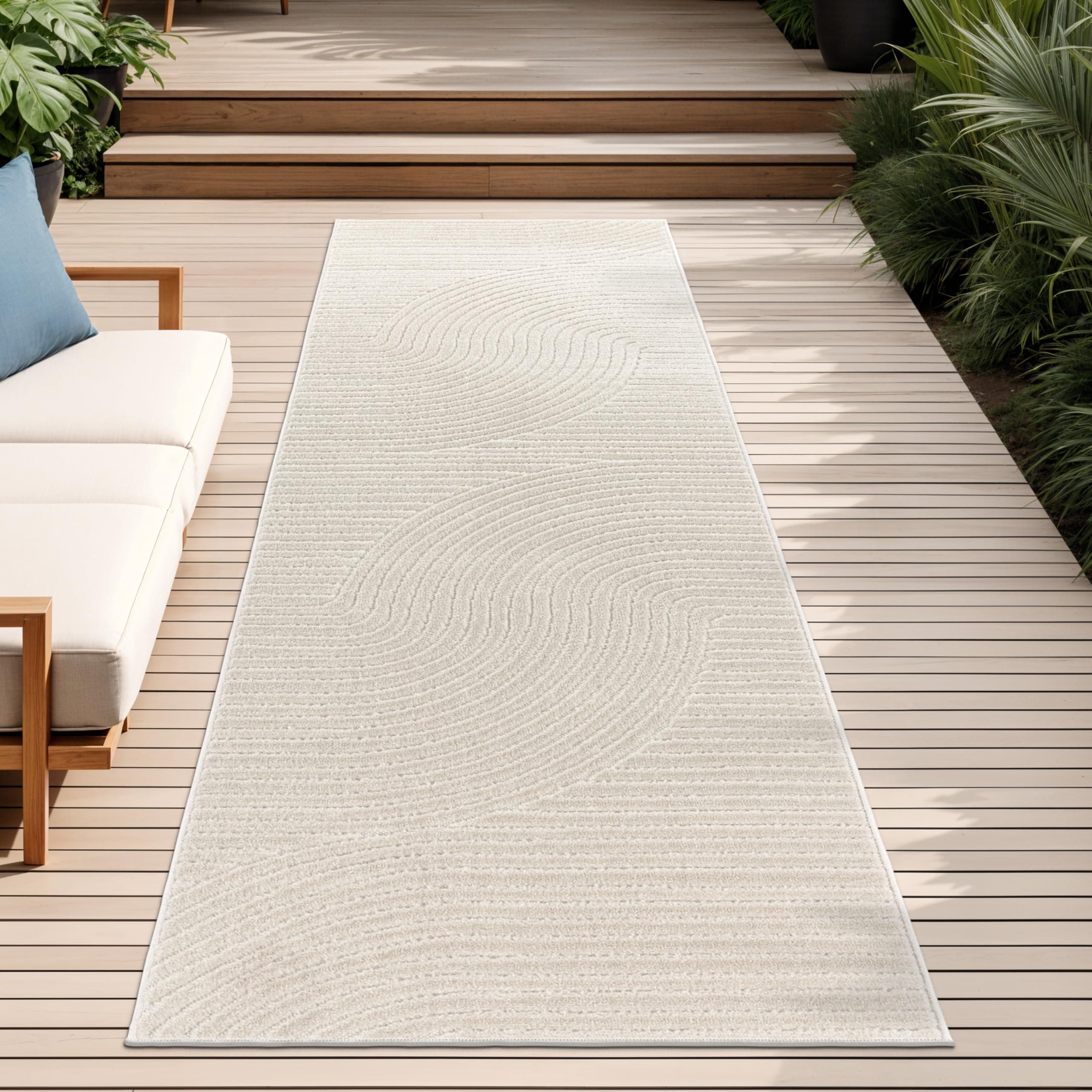 Paco Home Teppich In- & Outdoor, Moderne abstrakte Boho Designs mit 3D Struktur, robust & wetterfest, ideal für Terrasse Wohnzimmer & Küche, Grösse:80x250 cm, Farbe:Creme 2