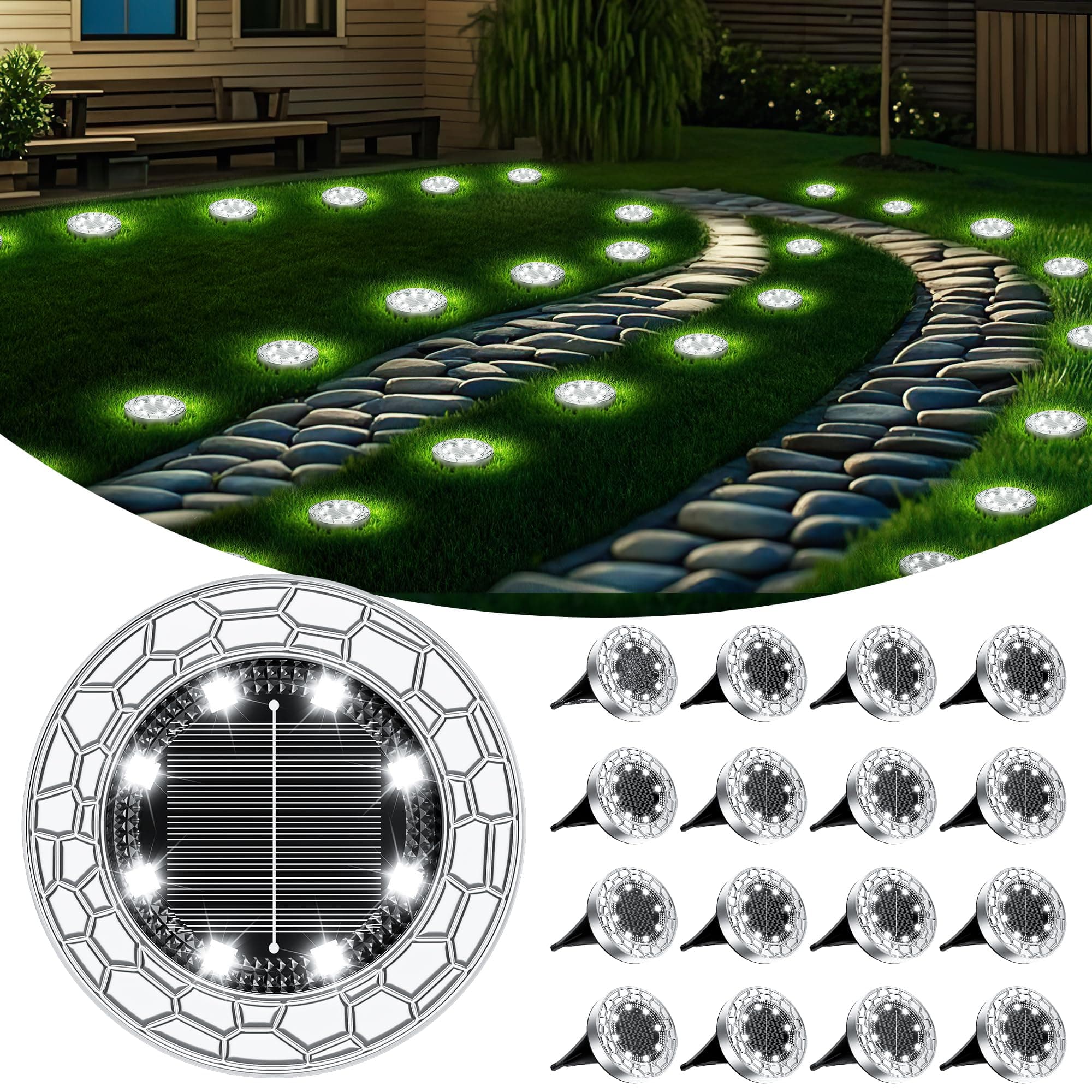 FIFlying 16 pezzi Luci Solari da Giardino, 8 LED Lampade Solare da Terra, Acciaio Inossidabile Bianco Freddo Faretti Sepolta Solari a Led da Esterno, per Prato, Vialetto, Marciapiede, Patio
