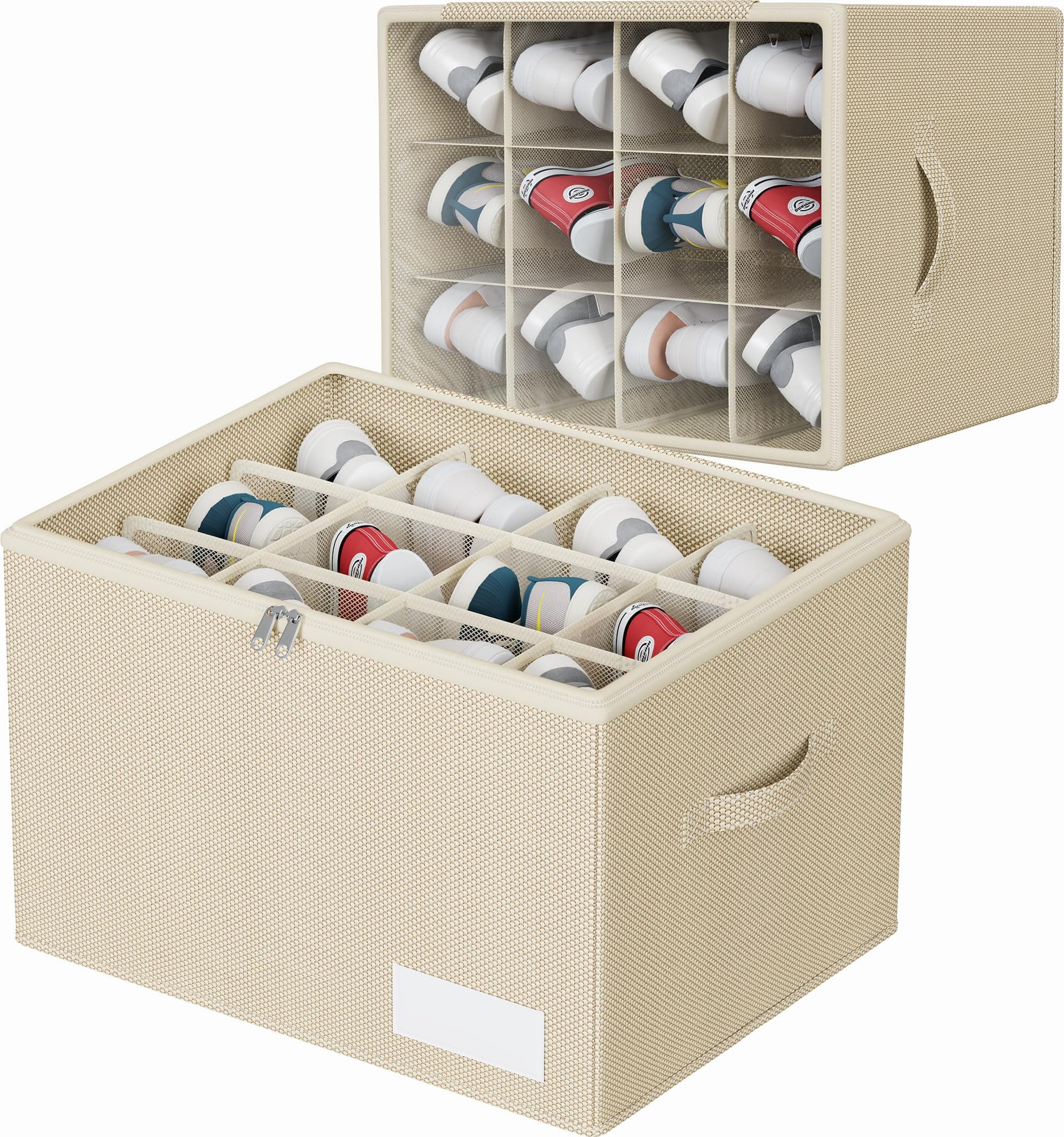 WANGIRL Scatole per Scarpe, Adatto per 12 Paia, Organizer Salvaspazio Pieghevole, Contenitori Scarpe con Coperchio Trasparente, Supporto Inferiore e Maniglie Rinforzate - Beige