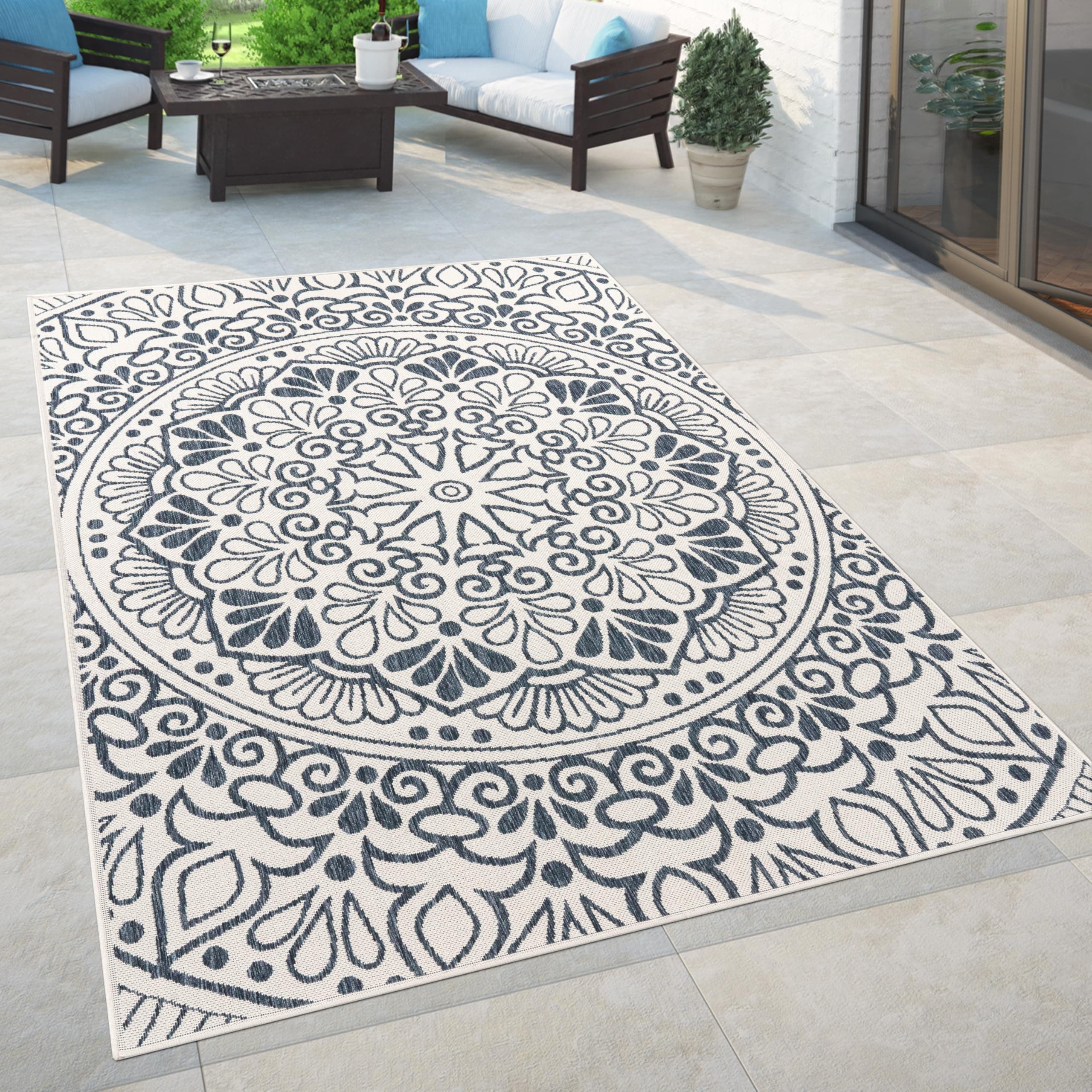 Paco Home In- & Outdoor Teppich Balkon Terrasse Vintage Orientalisches Muster Ornamente, Grösse:160x220 cm, Farbe:Blau 2