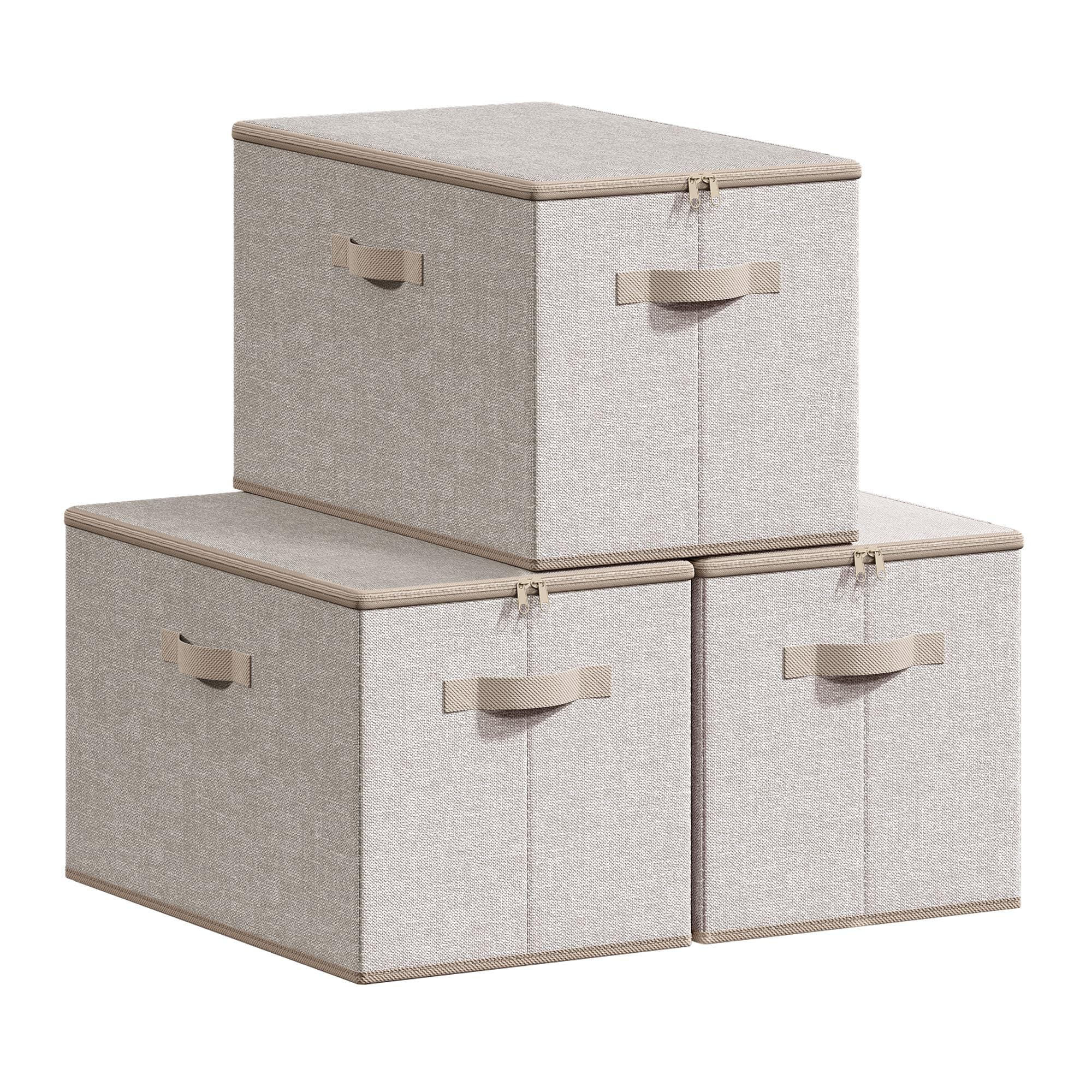 SONGMICS Scatole Portaoggetti con Coperchio, Contenitori Pieghevoli con Maniglie, Organizzatori per Vestiti, Set di 3, 50 x 30 x 30 cm, Tessuto non Tessuto, Beige Sabbia RZB050LZ04