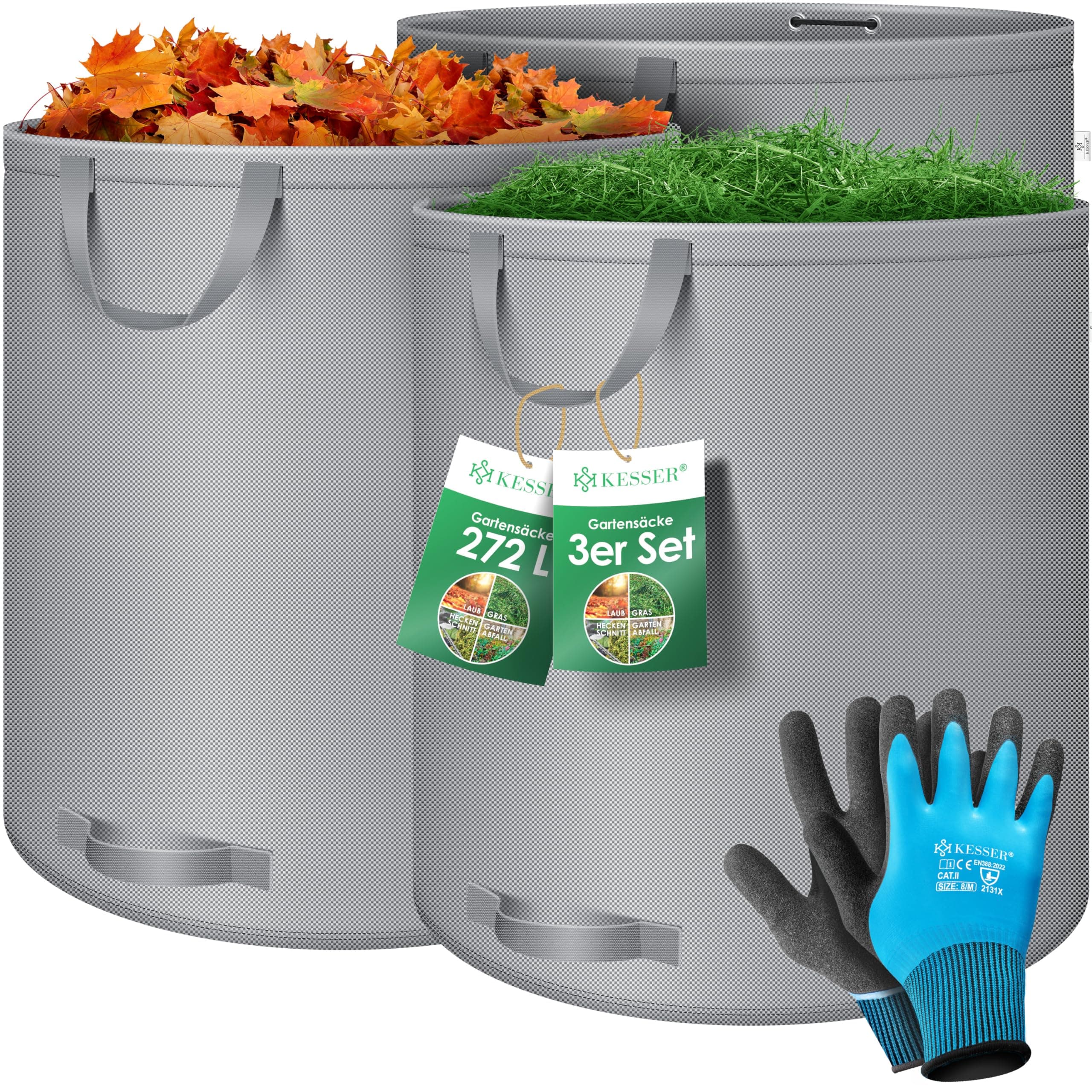 KESSER® Gartensack 3x 272L Set Laubsack Gartenabfallsack inkl. Handschuhe - Selbststehend 4 Griffe Stabil Robust & Faltbar - Laubsäcke Rasenschnitt Gartensäcke für Gartenabfälle Grünschnitt Grau